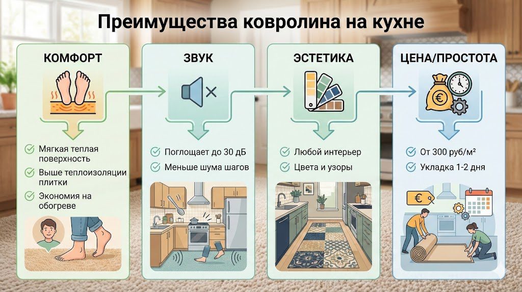 Преимущества ковролина на кухне