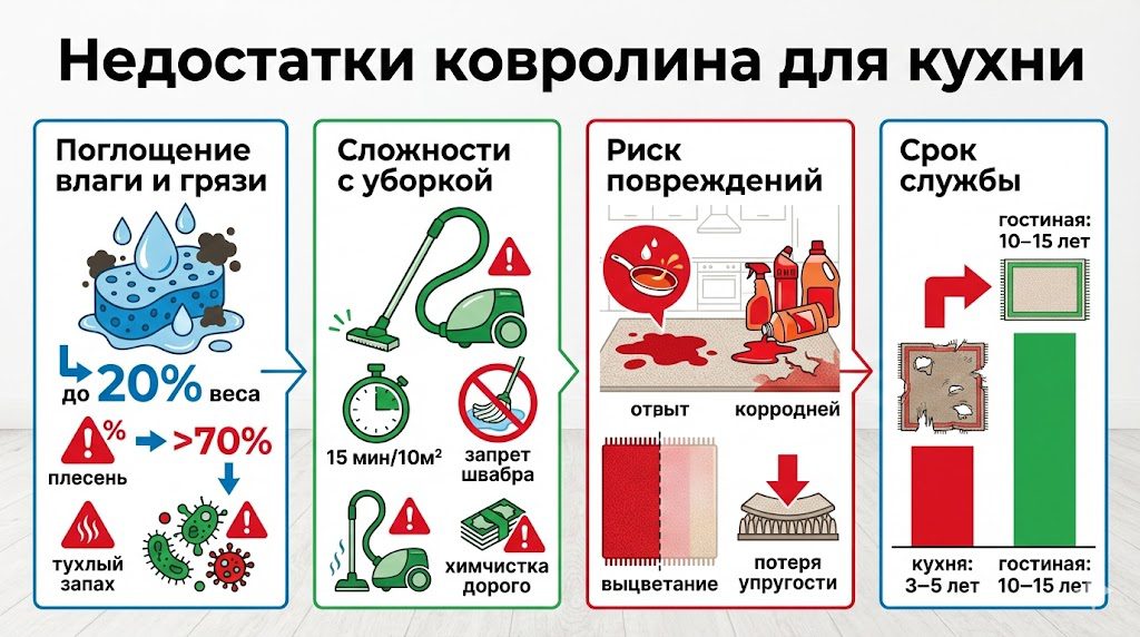 Недостатки ковролина для кухни
